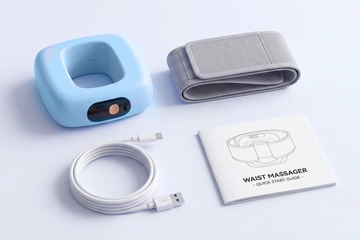 Contenido de la caja del anillo masajeador Cintu: anillo azul, correa ajustable, cable USB-C y guía rápida